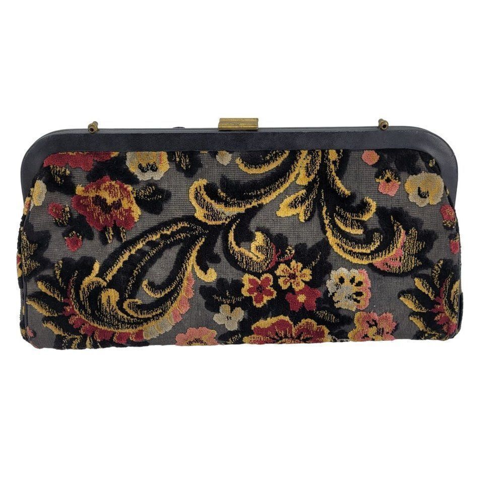 Vintage 60s Verdi Tapestry Carpet Bag Clutch Black 3D Embroidered Floral Framed